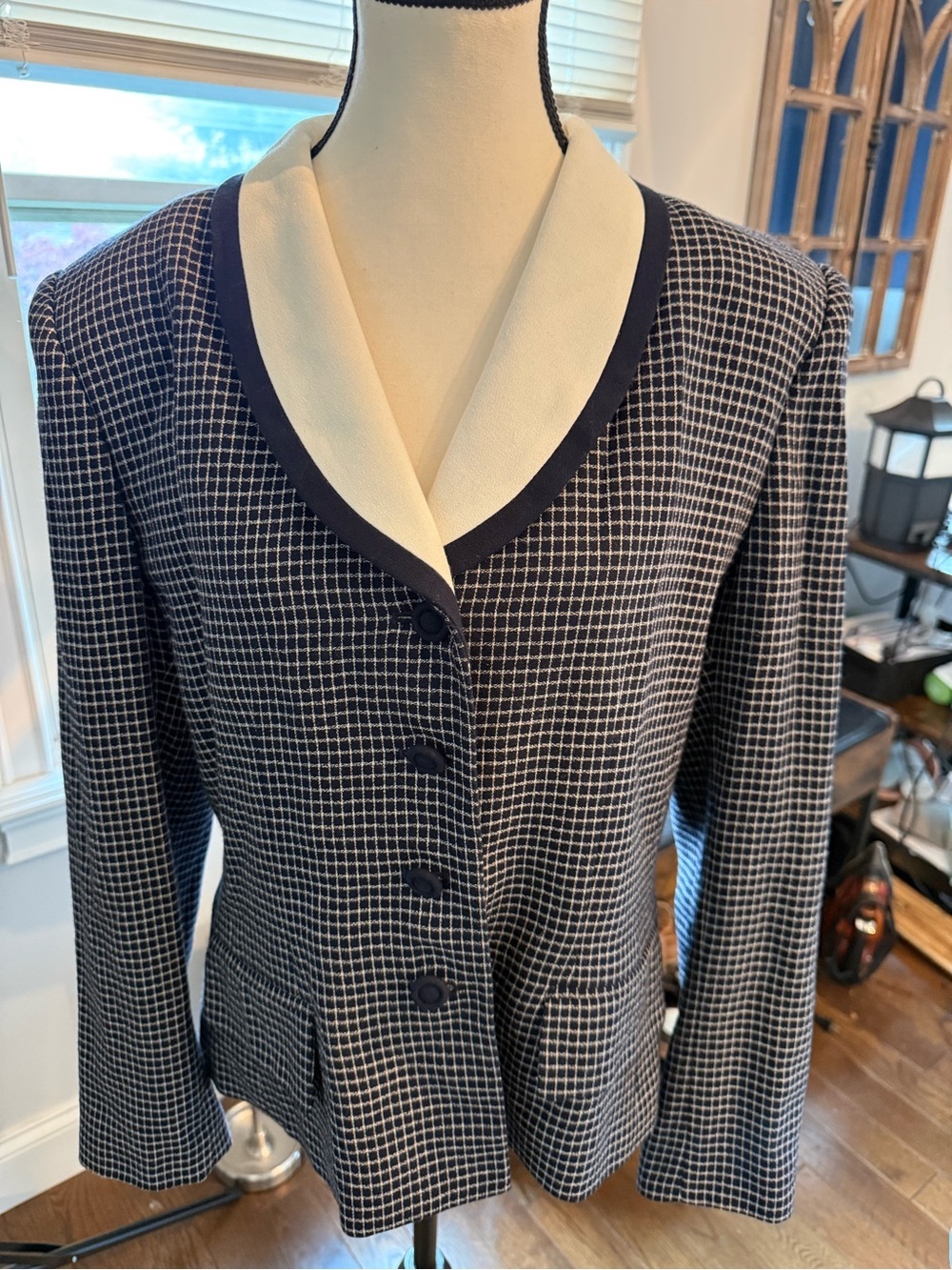 Vintage Kasper ASL Navy Check Blazer with Cream Shawl Collar Size 12
